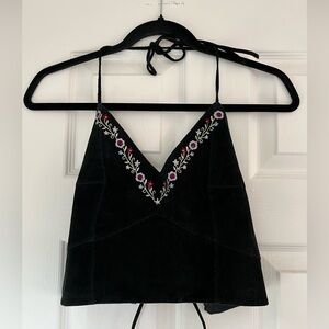 Leather Black Tank Top with Floral Embroidery